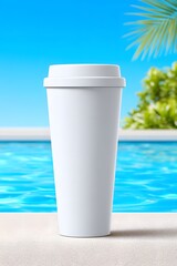 Obraz premium Relaxing summer vibes white tumbler by poolside mockup image vibrant atmosphere creative viewpoint