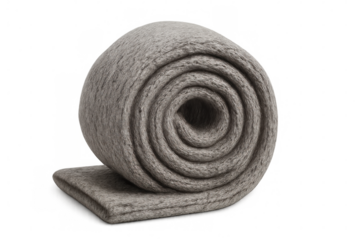 Soft gray knitted fabric spiraling, revealing plush texture and cozy warmth against transparent backdrop
