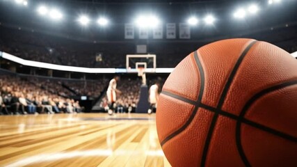 A closeup of a basketball on the court in a brightly lit stadium with a player jumping for a slam dunk in the background - Powered by Adobe