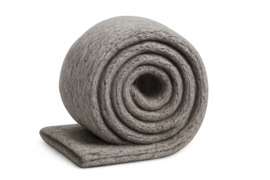 Soft gray knitted fabric spiraling, revealing plush texture and cozy warmth against transparent backdrop