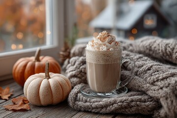 A cozy autumn drink topped with whipped cream rests beside rustic pumpkins and warm knits, radiating seasonal comfort and indulgent tranquility.