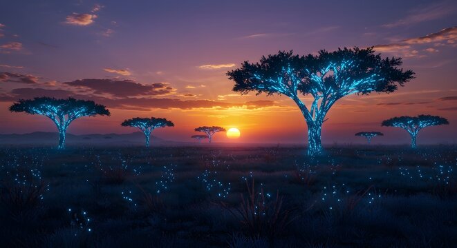 "Cyber-organic forest edge blending into endless green alaine, distant cities with vertical gardens visible on the horizon"