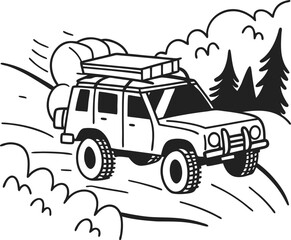 Off road adventure suv driving through rugged landscape with camping gear, nature expedition, travel and exploration journey