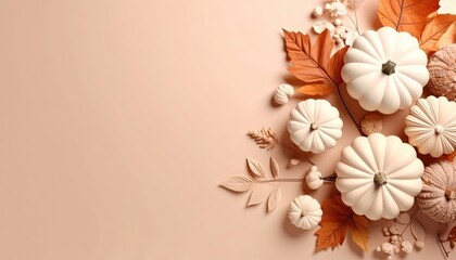 Autumn harvest decor white pumpkins and leaves seasonal arrangement studio background warm tones aesthetic composition