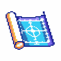 Pixel art rolled blueprint with construction lines retro digital design, draft plan, architecture, engineering concept