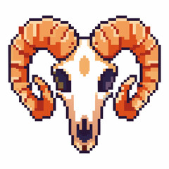 Obraz premium Pixel art ram skull with large curved horns retro animal illustration, vintage wild nature symbol, fantasy game asset