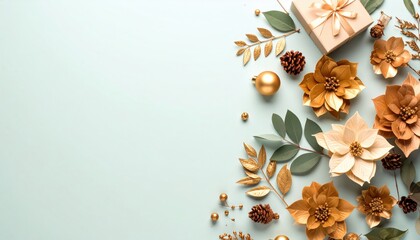 Decorative golden floral arrangement with gift box holiday theme flat lay view elegant aesthetic soft background