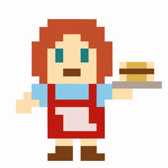 Fototapeta premium Pixel art waitress holding plate with burger retro 8 bit character, red apron, restaurant server, fast food concept