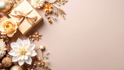 Elegant gift arrangement with floral accents soft background decorative elements aesthetic composition serenity concept