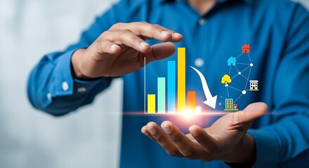 Azure shirted man holding vibrant bar graphs showing downward trend decline in linked real estate icons financial