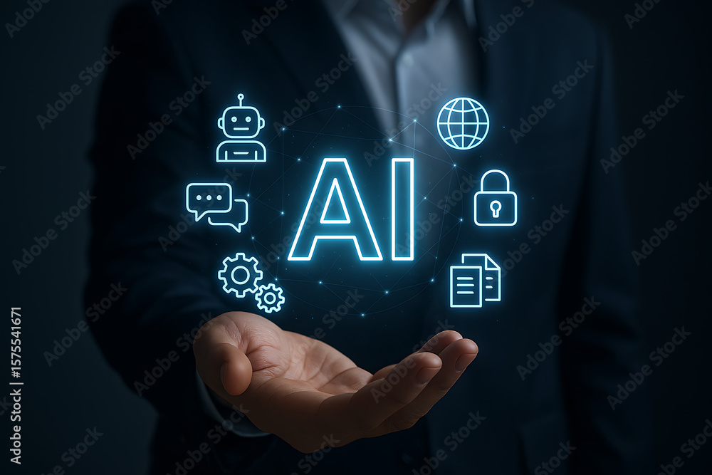 Poster businessman presenting ai hologram with icons representing chatbot gear documents cloud internet and