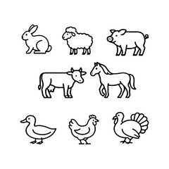 Farm animals line icon set silhouette
