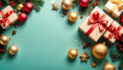 Festive holiday gift wrapping display with ornaments christmas celebration tabletop arrangement colorful environment overhead view joyful concept