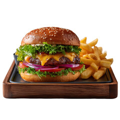Delicious cheeseburger with fries served on a wooden platter at a casual dining location