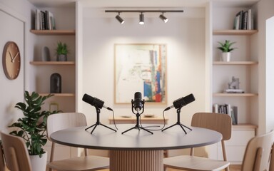 Podcast Recording Setup Microphones on a Table in Cozy Studio with Bookshelves for Audio Production