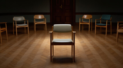 Empty chair in spotlight on wooden floor with other chairs in background creating farewell scene for employee in quiet room