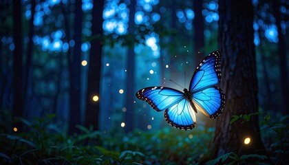 Blue butterfly in a mystical forest