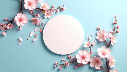 Spring blooming cherry blossoms with blank circle for customization nature setting floral theme soft light background