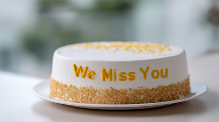 Farewell cake with white frosting and yellow decoration expressing missing employee in warm and heartfelt way on white plate