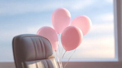 Farewell celebration with employee balloons in soft pink color near office chair creating warm and joyful atmosphere for occasion