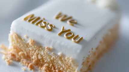 Farewell message on employee cake with white frosting and golden letters expressing we miss you in soft and heartfelt way
