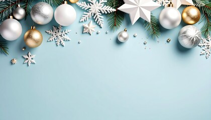 Festive holiday decorations blue background christmas ornaments cheerful atmosphere bird's eye view seasonal festivity