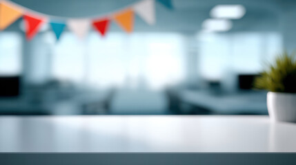 Empty white table with colorful flags and plant in office background creating farewell atmosphere for employee leaving workplace