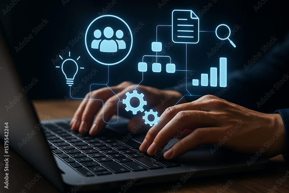 Poster typing hands on laptop with floating infographics showing gears lightbulb charts documents people ic