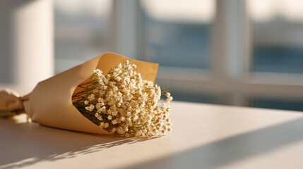 Farewell gift of delicate white flowers wrapped in brown paper symbolizes appreciation for employee in warm and gentle setting