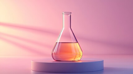 Glass laboratory flask on minimalist podium with soft lighting for scientific cosmetic product or biotech visuals