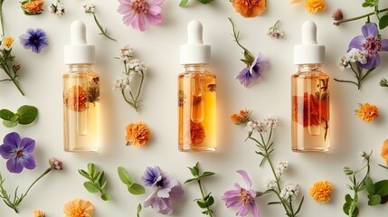 Glass serum ampoules decorated with flowers on white background, perfect for organic skincare or wellness visuals