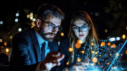 Business Colleagues Collaborate on Laptop at Night, City Lights Bokeh Background