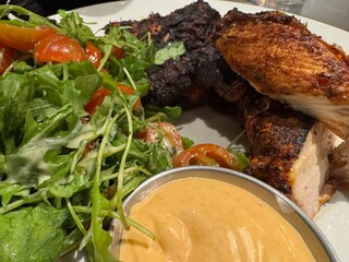 Succulent barbecue chicken with sauce and salad
