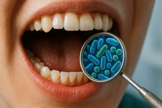 Revealing Tiny Oral Microbiome, Dental Mirror Shows Microscopic Bacteria During Routine Hygiene Checkup, a close-up highlighting oral health and dental care.