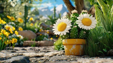 Cactus with Two Large White and Yellow Flowers in a Yellow Pot