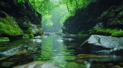 Calm Stream in Lush Green Forest with Rain