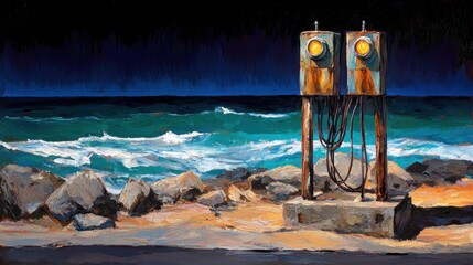 Calm Teal Waves Crashing On Rocky Shore with Two Weathered Yellow Signal Lights Painting