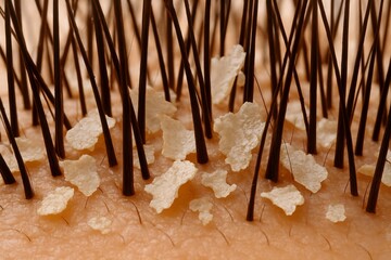 Microscopic view shows dry scalp and dandruff flakes nestled amongst dark hairs, highlighting potential skincare concerns requiring specialized treatment for health.