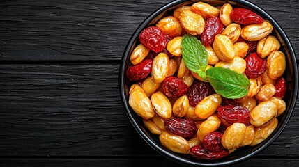 Candied Peanuts and Cranberries in Dark Bowl on Wood