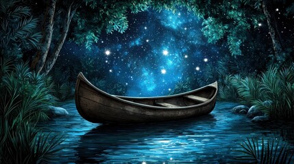 Canoe on Tranquil Blue Water Under a Starlit Night Sky