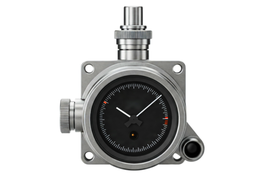 Vintage-style industrial analog gauge with a metal housing isolated on a transparent background