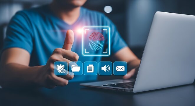 Digital man unlocks secure laptop with fingerprint scan glowing neon interface modern cyber security technology with