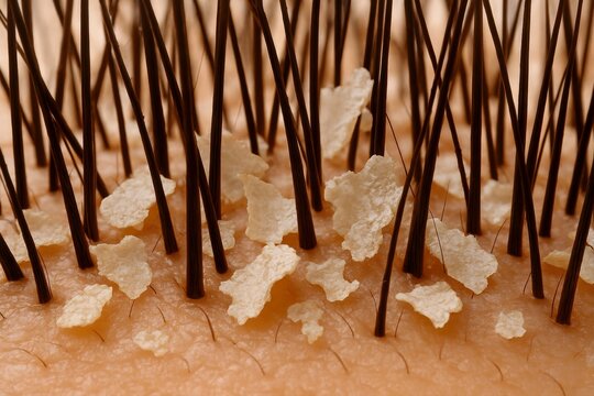 Microscopic view shows dry scalp and dandruff flakes nestled amongst dark hairs, highlighting potential skincare concerns requiring specialized treatment for health.