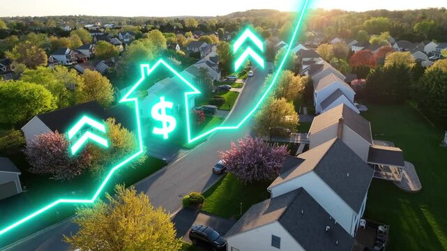 Rising house prices in American neighborhood. Aerial with neon animated house with dollar symbol and positive trend chart. Hot real estate market. Increasing, inflation market. Golden hour.