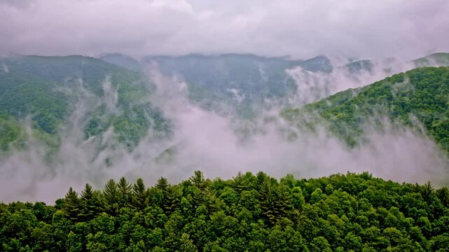 Cinematic drone flyover through morning mist in the Smoky Mountains