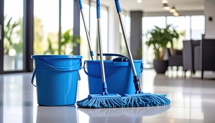 Blue cleaning supplies on white floor