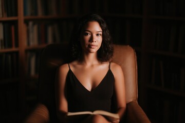 Fototapeta premium Soft light illuminates girl in cozy chair, deeply engaged with h