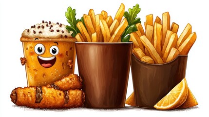 Cartoon Fish and Chips with French Fries and Lemon