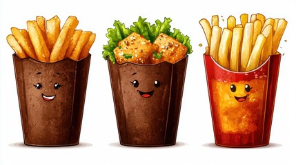 Cartoon French Fries and Fried Chicken in Containers