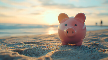 Pink piggy bank standing on sand at beach. Concept save money for vacation. Financial planning.Pink piggy bank standing on sand at beach. Concept save money for vacation. Financial planning.